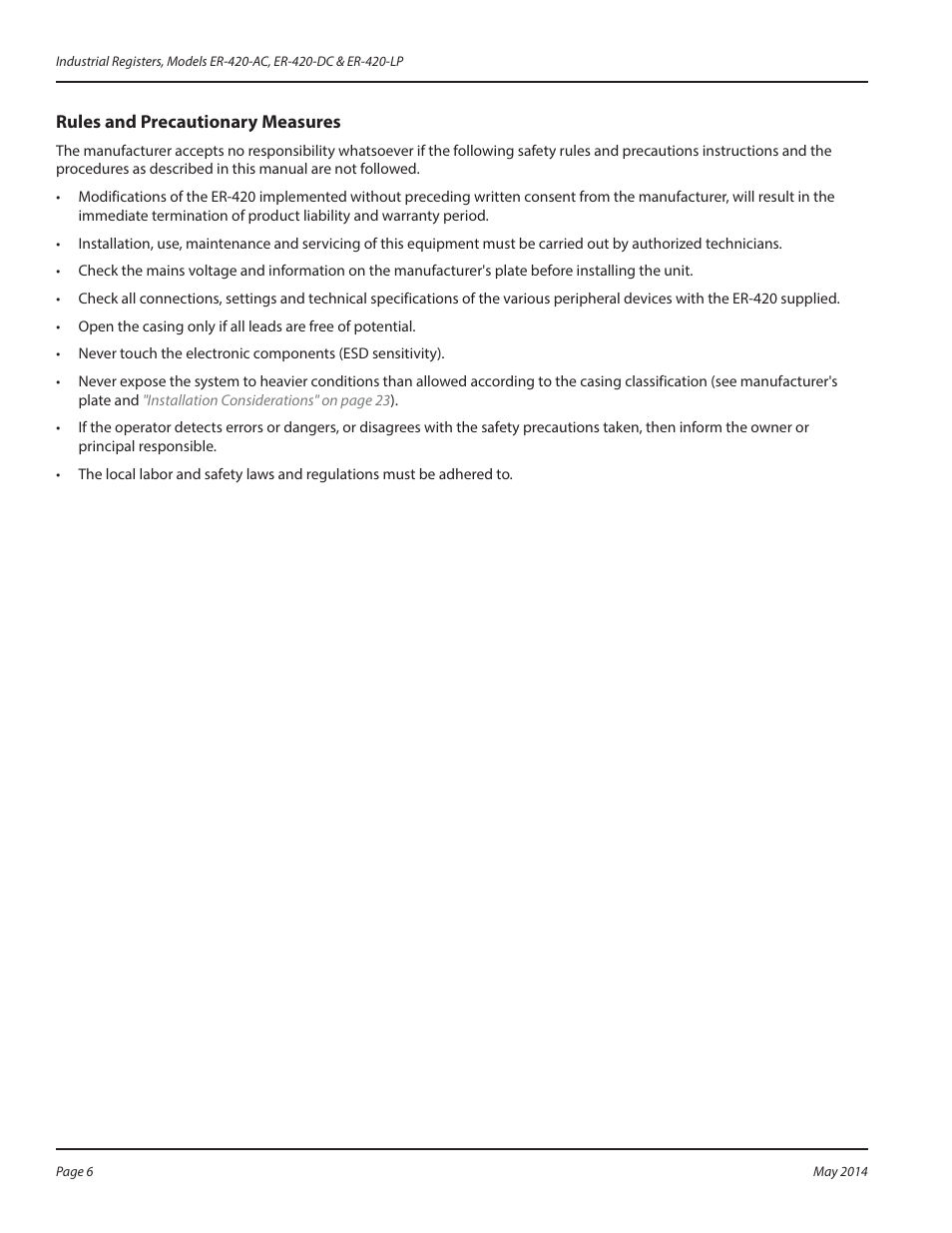 Rules and precautionary measures, Rules and precautionary measures 6 | Badger Meter Registers User Manual | Page 6 / 40