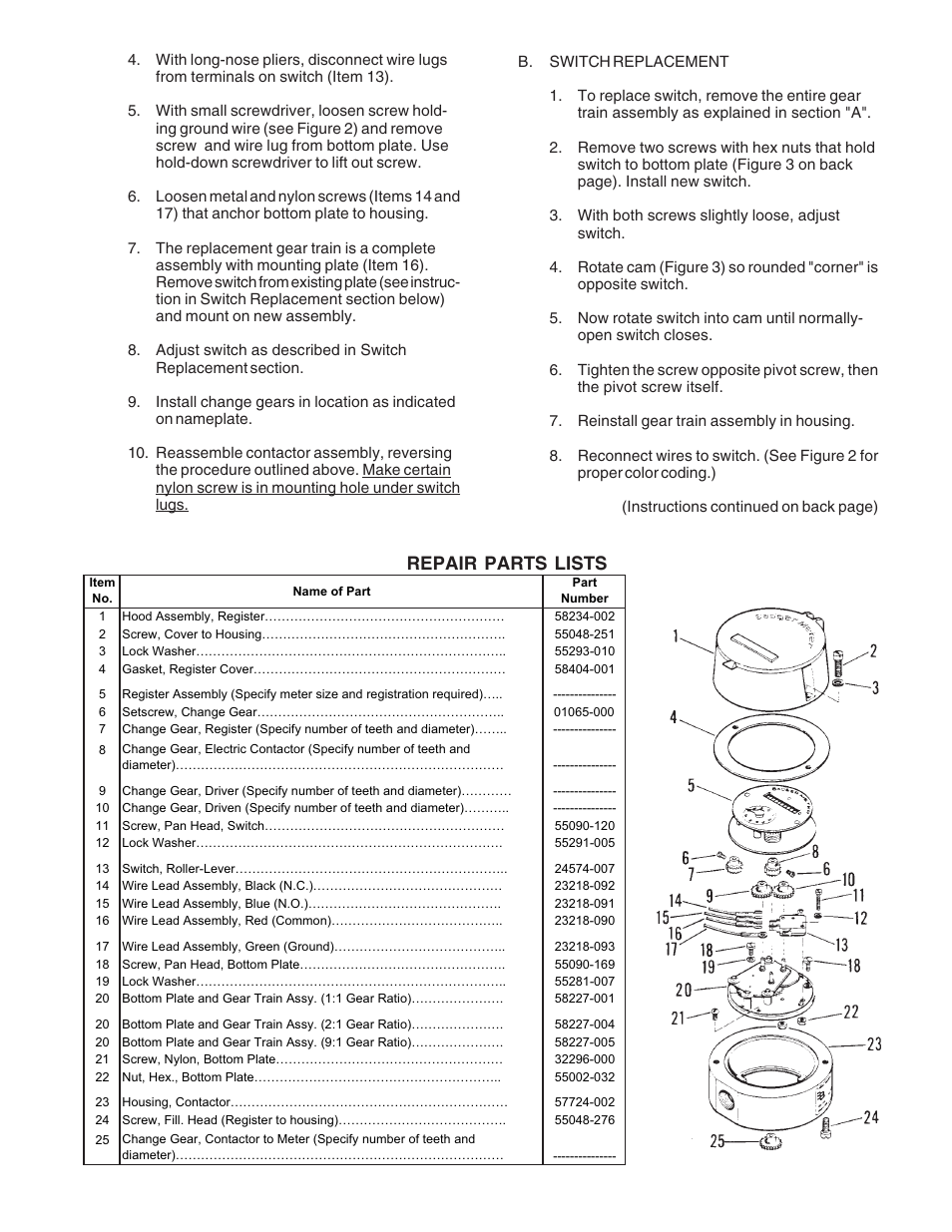 Repair parts lists | Badger Meter Registers User Manual | Page 3 / 4