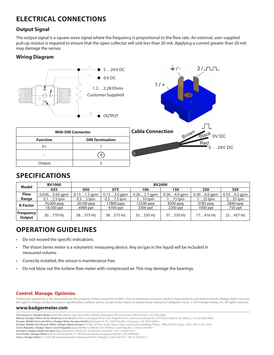 Electrical connections, Specifications, Operation guidelines | Output signal, Wiring diagram, Cable connection | Badger Meter Vision User Manual | Page 2 / 2