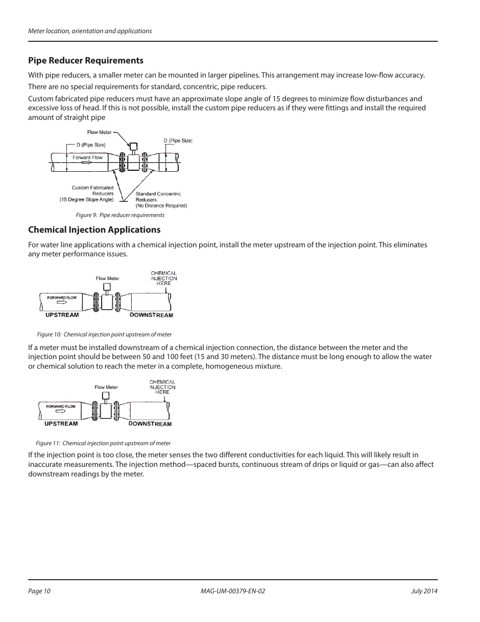 Pipe reducer requirements, Chemical injection applications | Badger Meter M-Series M1000 User Manual | Page 10 / 32