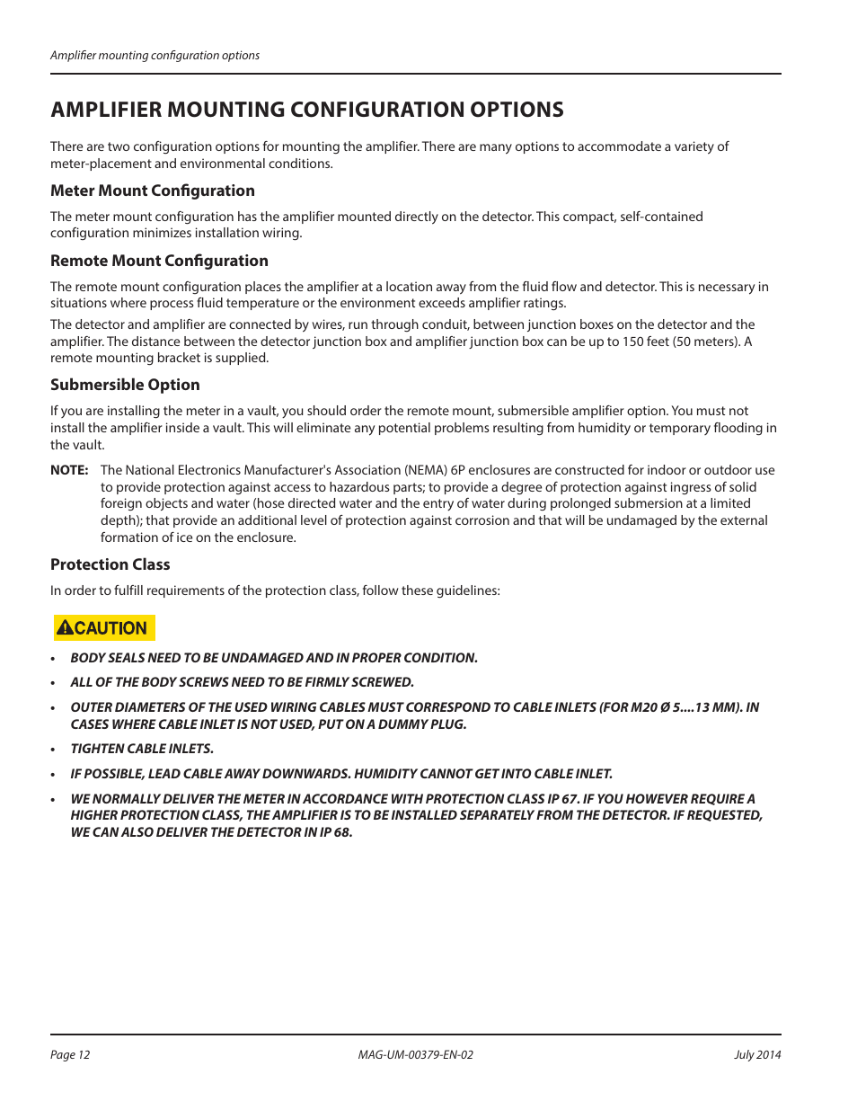 Amplifier mounting configuration options, Meter mount configuration, Remote mount configuration | Submersible option, Protection class | Badger Meter M-Series M1000 User Manual | Page 12 / 32