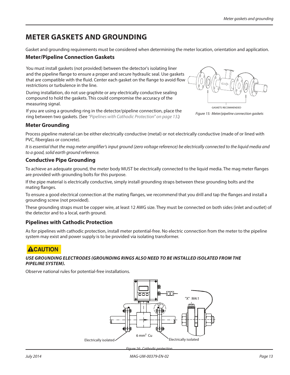 Meter gaskets and grounding, Meter/pipeline connection gaskets, Meter grounding | Conductive pipe grounding, Pipelines with cathodic protection | Badger Meter M-Series M1000 User Manual | Page 13 / 32