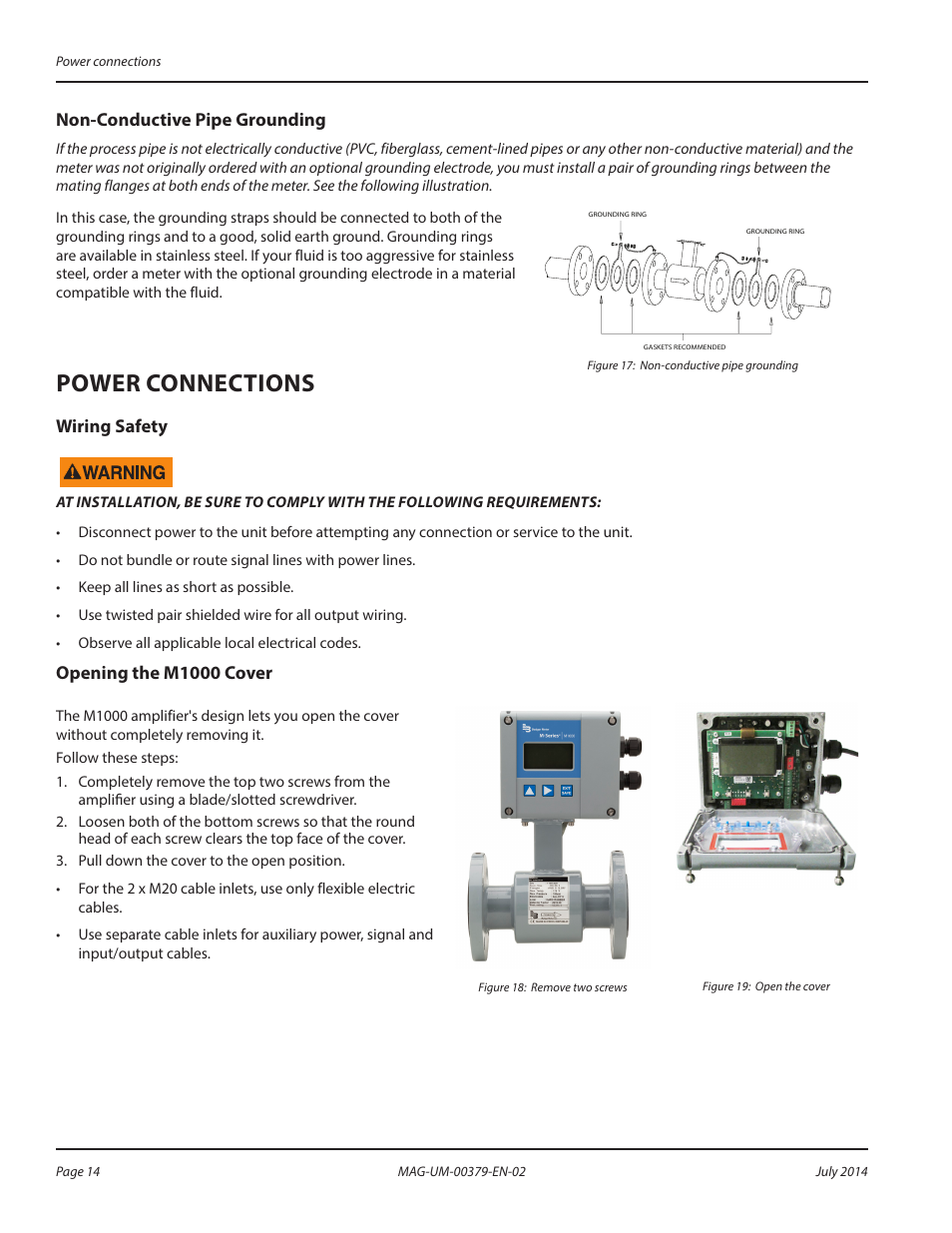 Non-conductive pipe grounding, Power connections, Wiring safety | Opening the m1000 cover | Badger Meter M-Series M1000 User Manual | Page 14 / 32