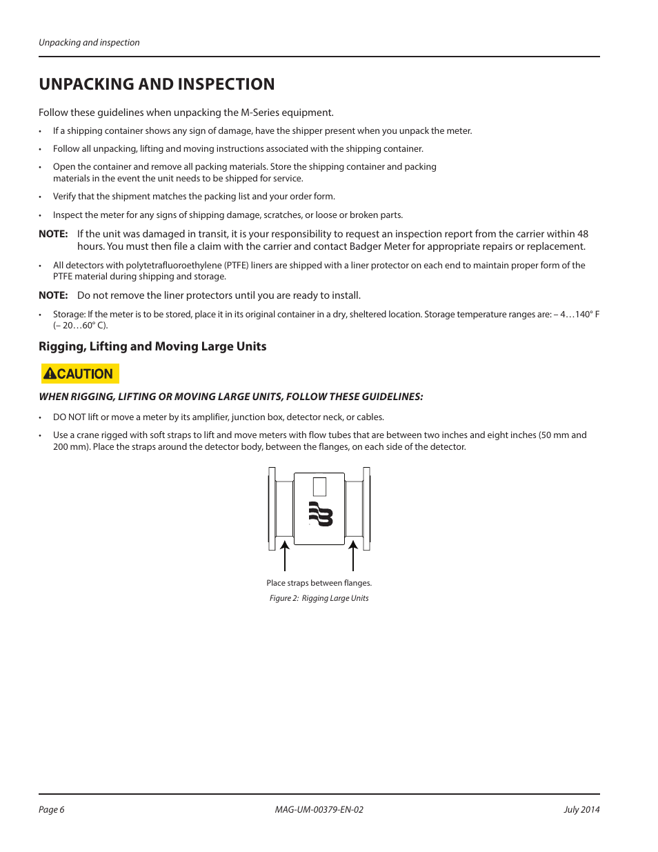 Unpacking and inspection, Rigging, lifting and moving large units | Badger Meter M-Series M1000 User Manual | Page 6 / 32