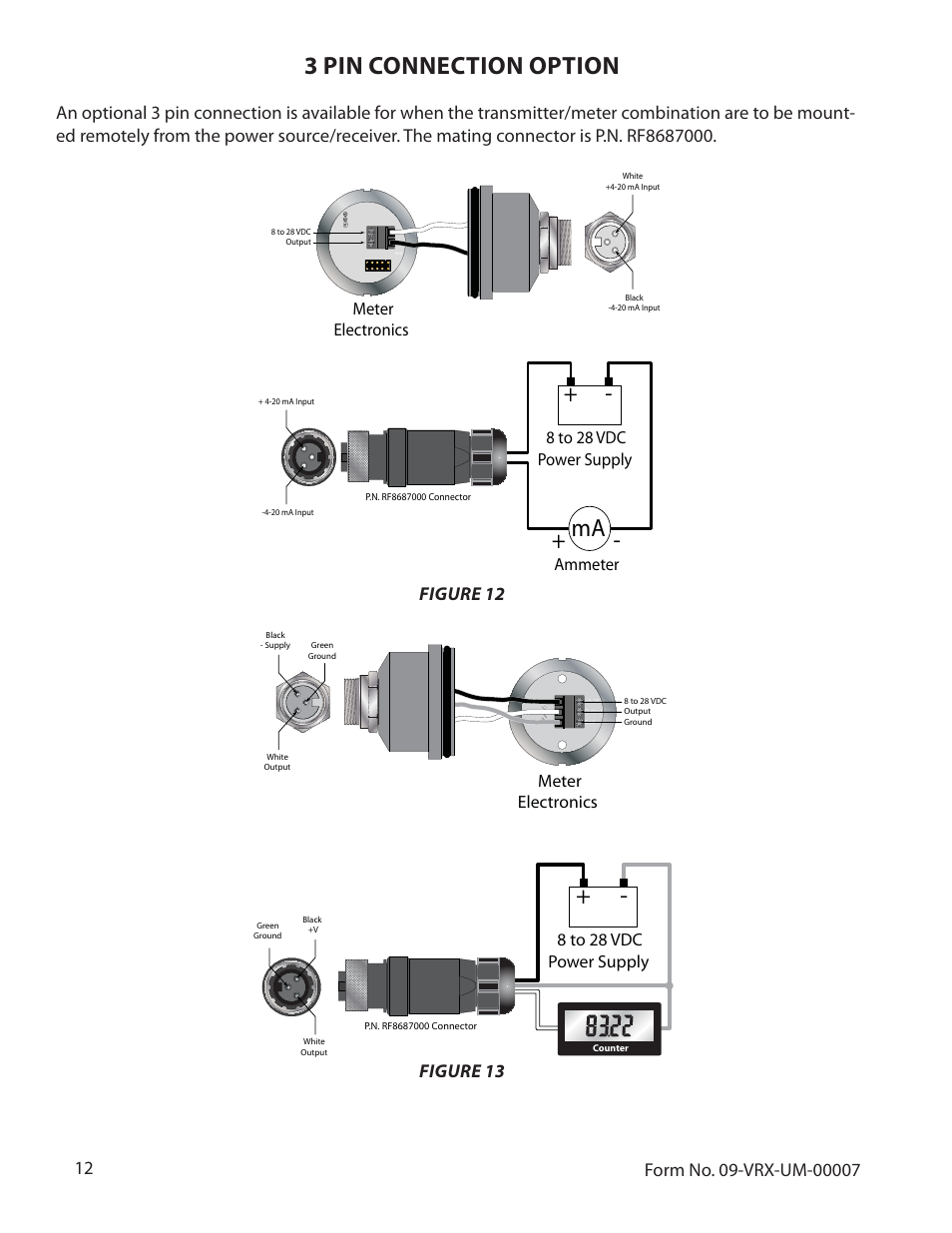 3 pin connection option, Figure 12, Figure 13 | Meter electronics, Ammeter 8 to 28 vdc power supply, 8 to 28 vdc power supply | Badger Meter Vortex Meters User Manual | Page 14 / 31