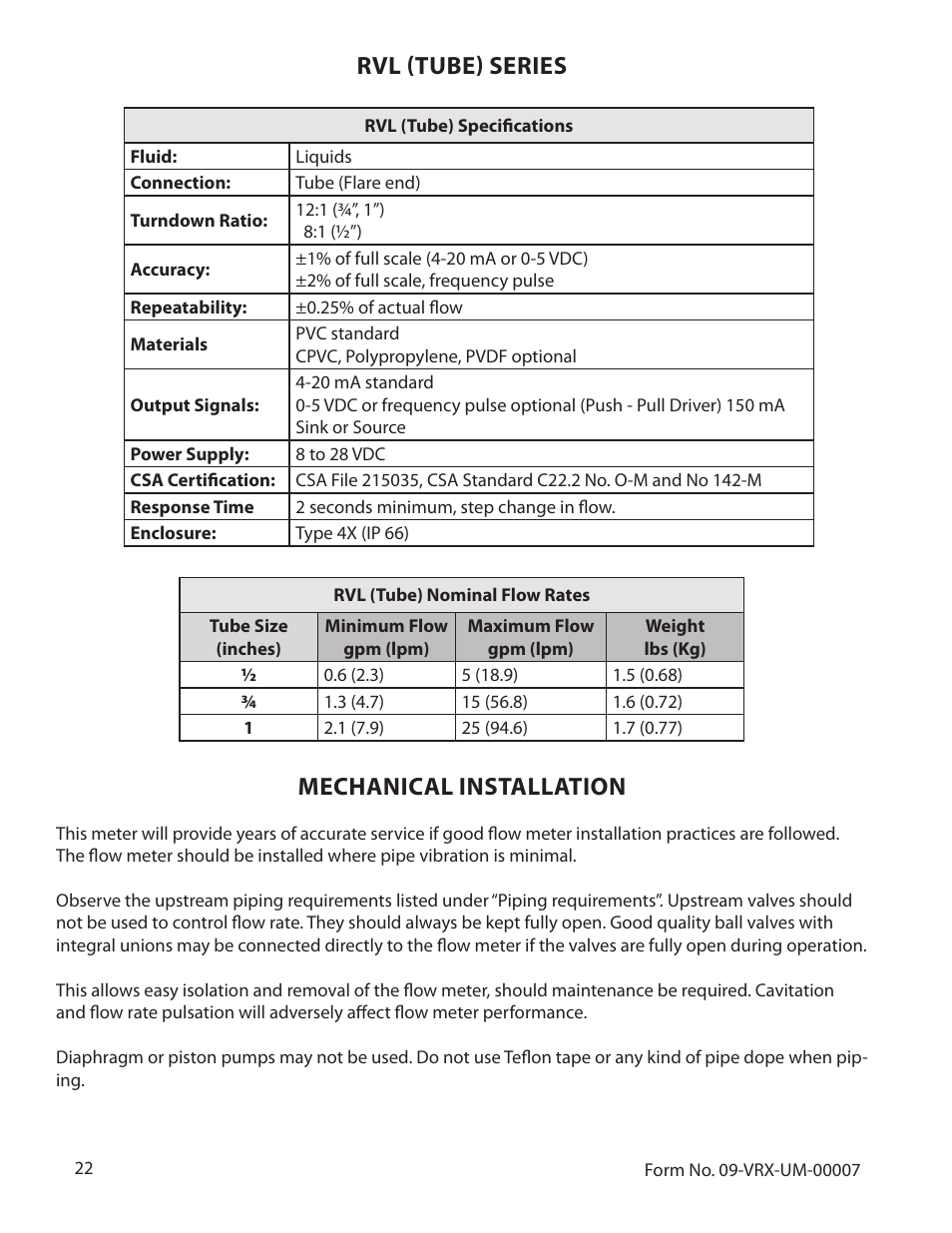 Rvl (tube) series, Mechanical installation | Badger Meter Vortex Meters User Manual | Page 24 / 31