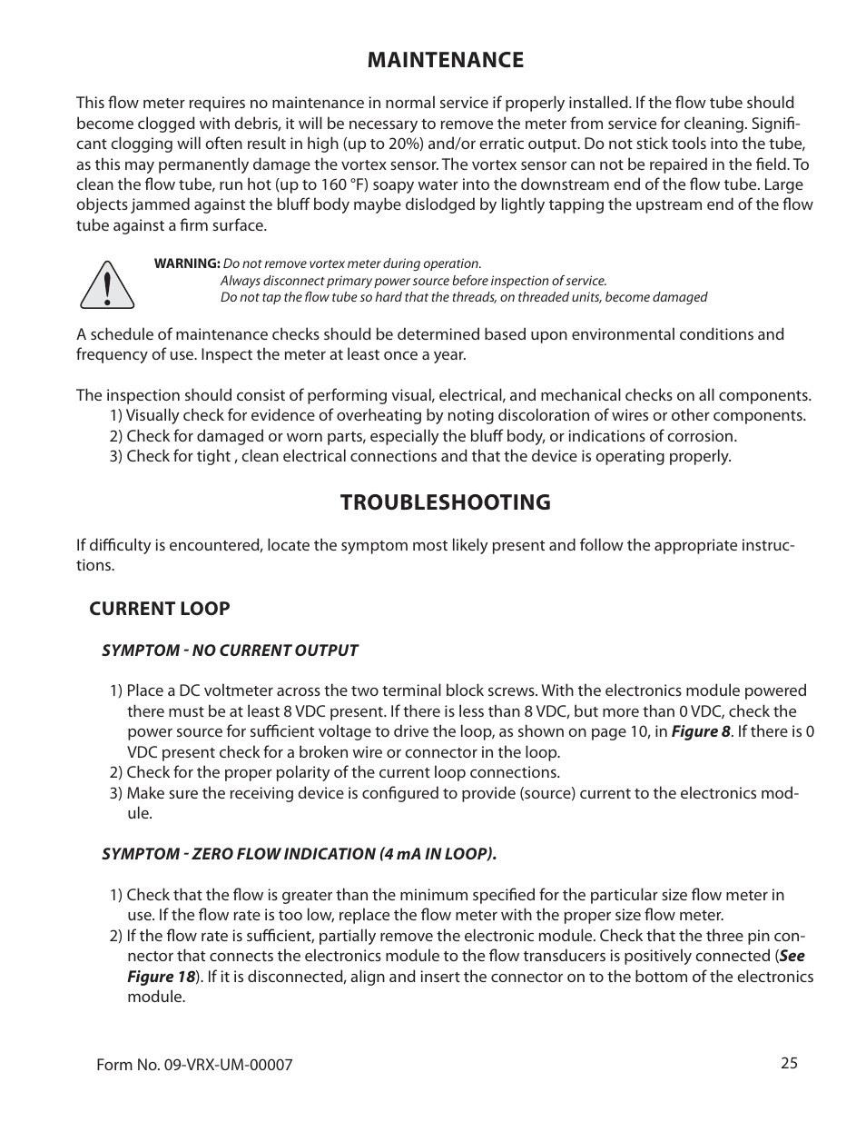 Maintenance, Troubleshooting | Badger Meter Vortex Meters User Manual | Page 27 / 31