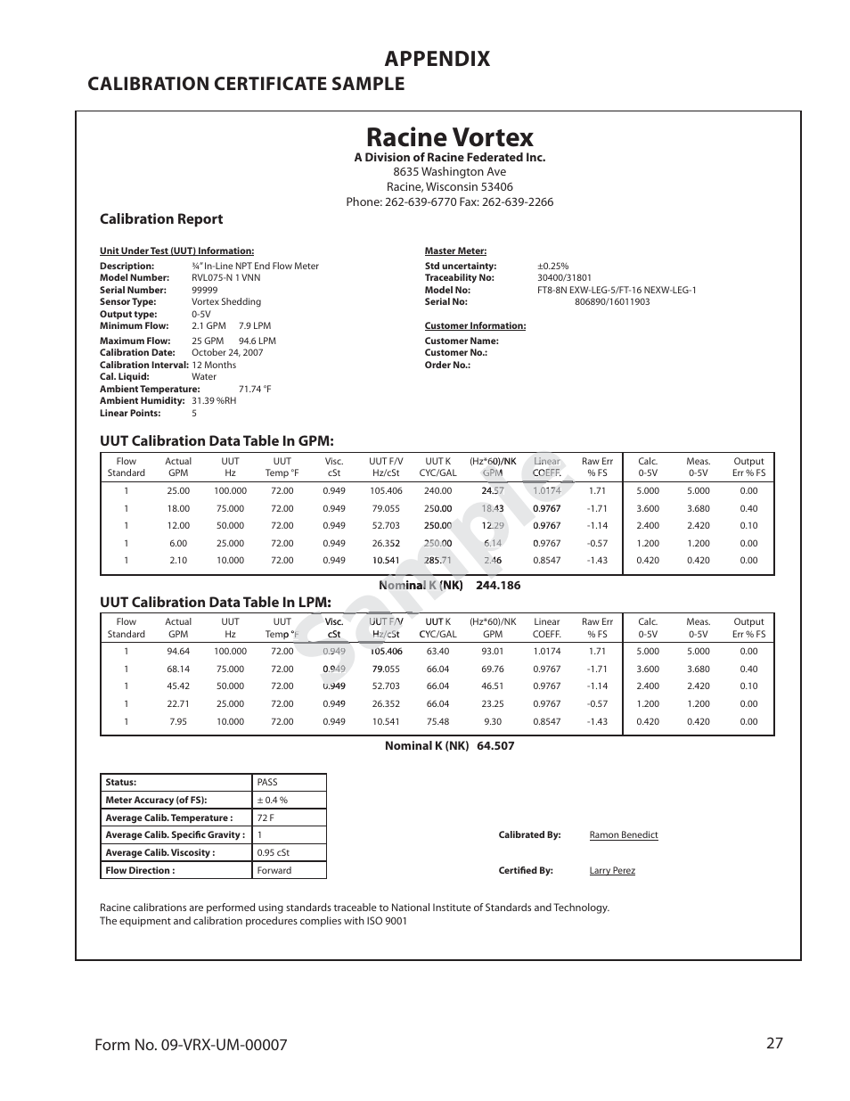 Sample m mp mp ee le lee, Ssa sa ssa sa m m, Racine vortex | Appendix, Calibration certificate sample | Badger Meter Vortex Meters User Manual | Page 29 / 31
