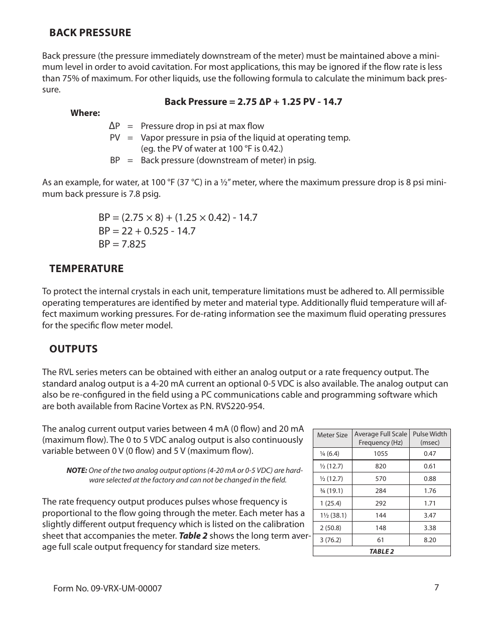 Back pressure, Outputs | Badger Meter Vortex Meters User Manual | Page 9 / 31