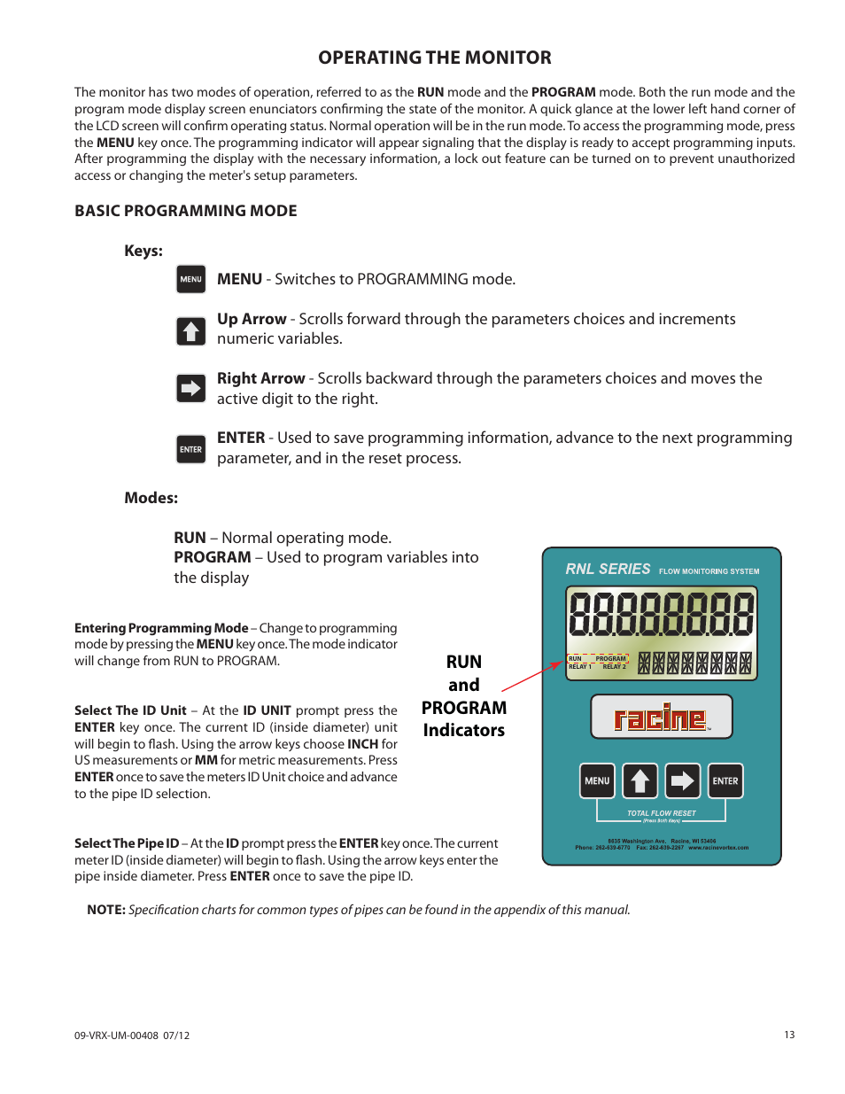 Operating the monitor, Run and program indicators | Badger Meter Vortex Meters User Manual | Page 13 / 32