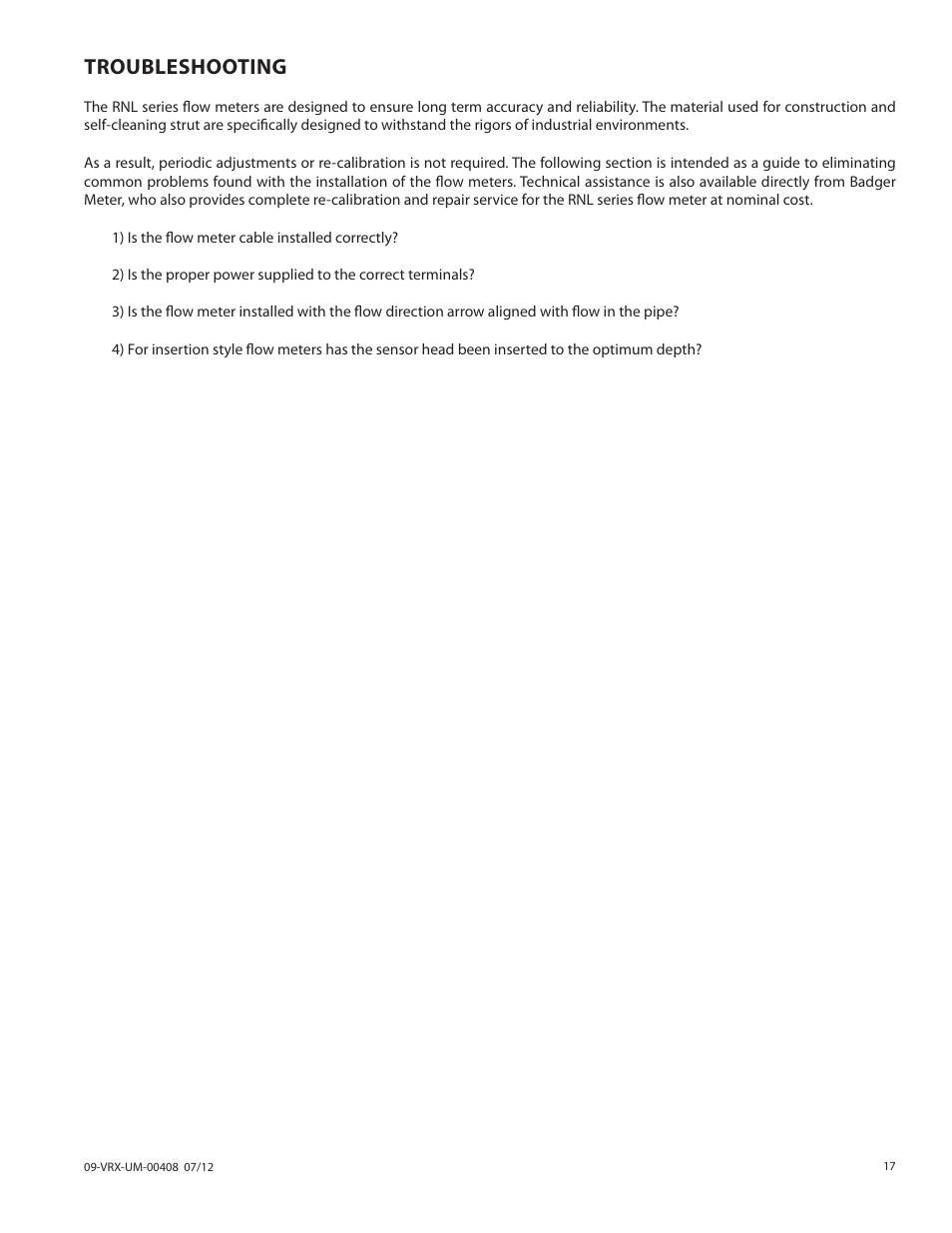 Troubleshooting | Badger Meter Vortex Meters User Manual | Page 17 / 32