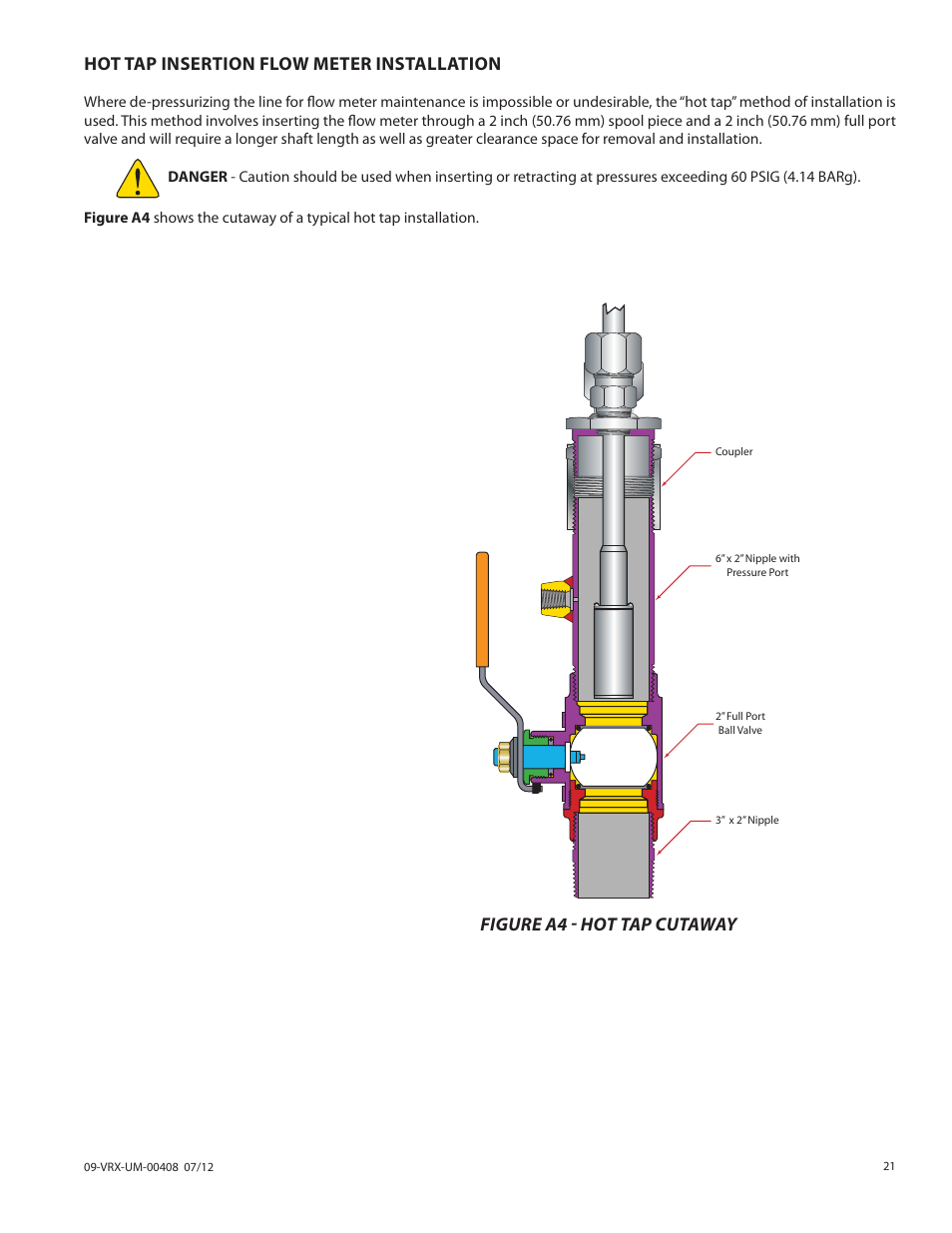 Hot tap insertion flow meter installation, Figure a4 - hot tap cutaway | Badger Meter Vortex Meters User Manual | Page 21 / 32