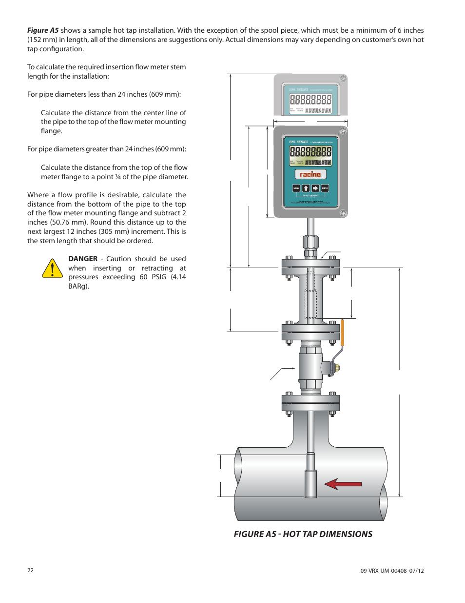 Figure a5 - hot tap dimensions | Badger Meter Vortex Meters User Manual | Page 22 / 32