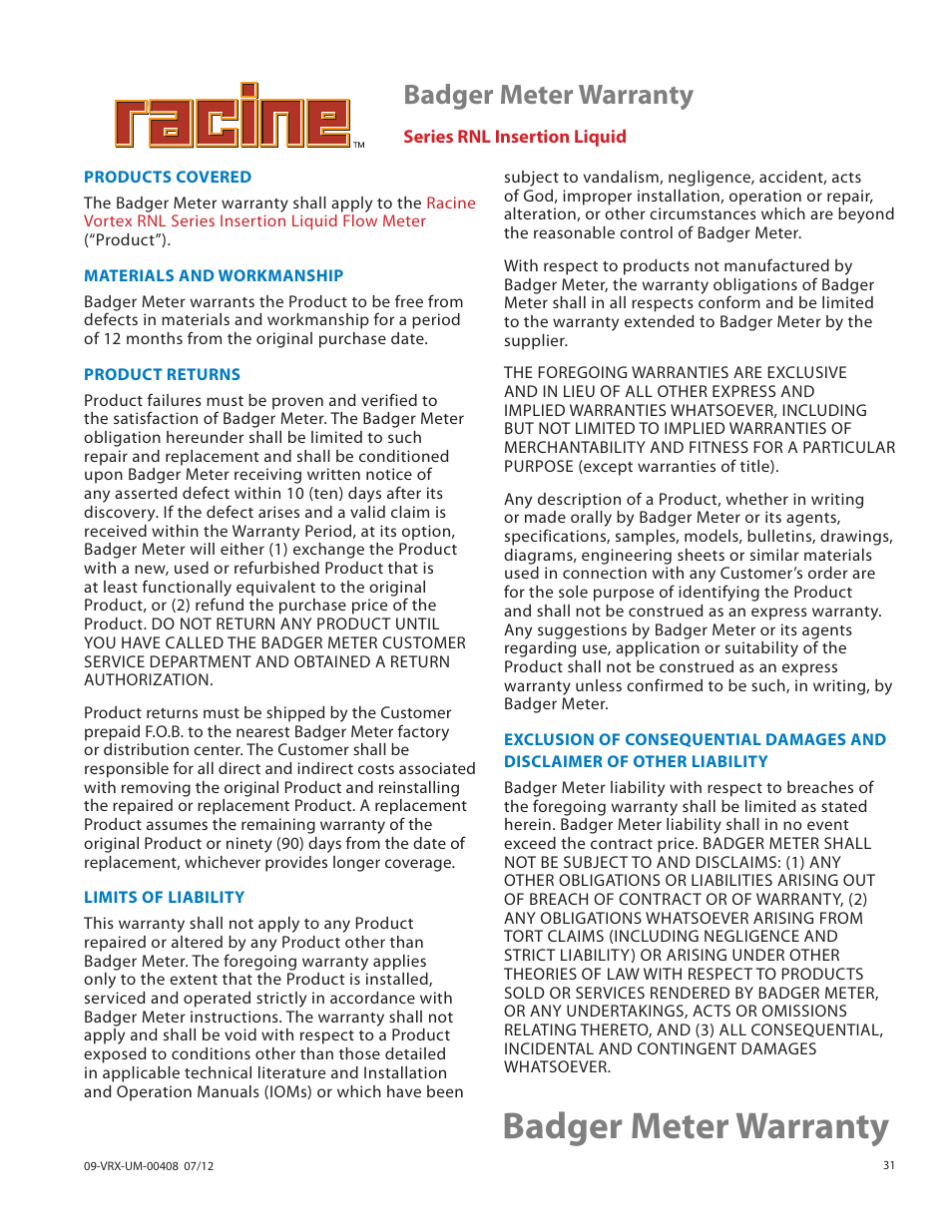 Badger meter warranty | Badger Meter Vortex Meters User Manual | Page 31 / 32