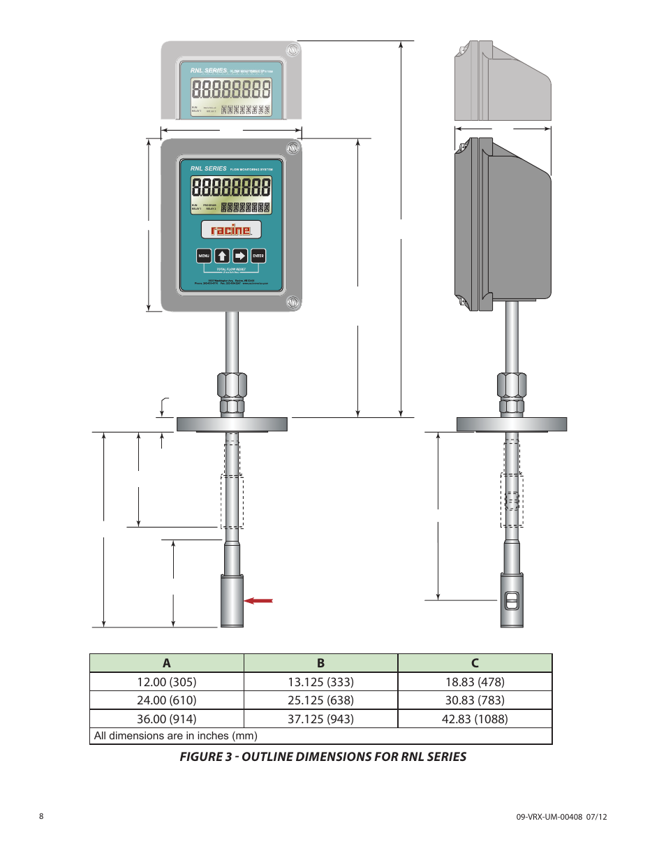 Figure 3 - outline dimensions for rnl series | Badger Meter Vortex Meters User Manual | Page 8 / 32
