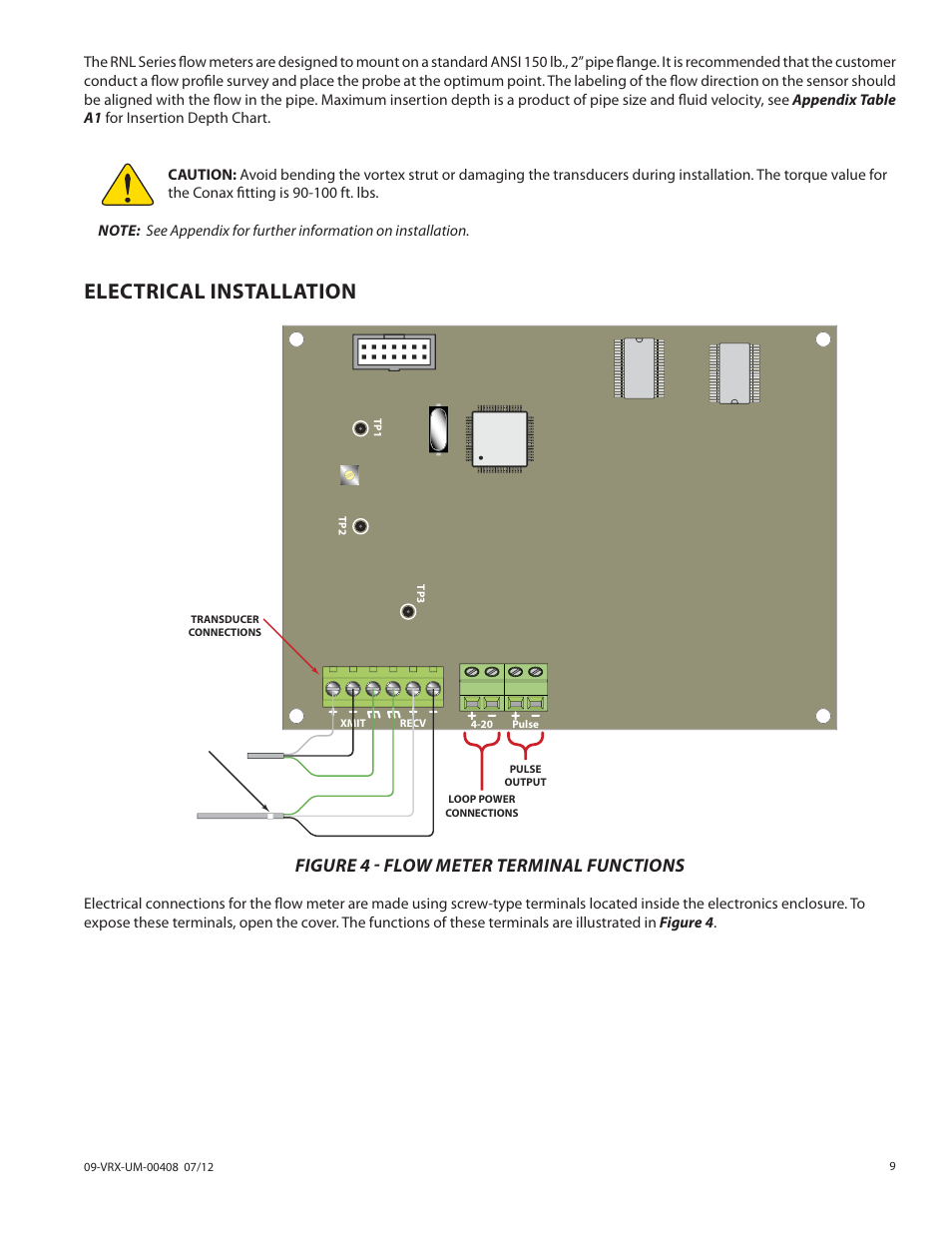 Electrical installation, Figure 4 - flow meter terminal functions | Badger Meter Vortex Meters User Manual | Page 9 / 32