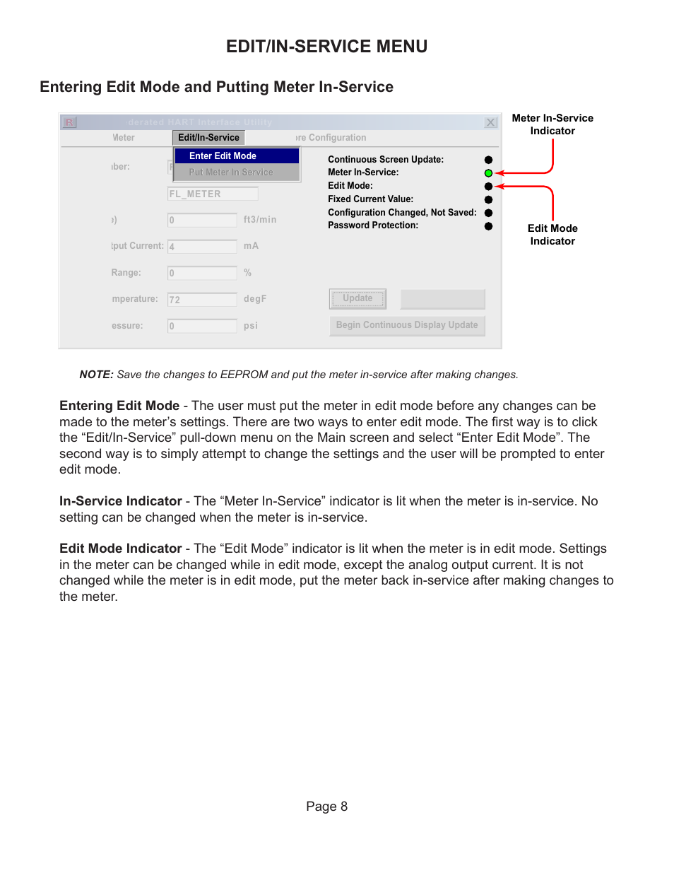Edit/in-service menu, Entering edit mode and putting meter in-service, Page 8 | Badger Meter Vortex Meters User Manual | Page 10 / 47