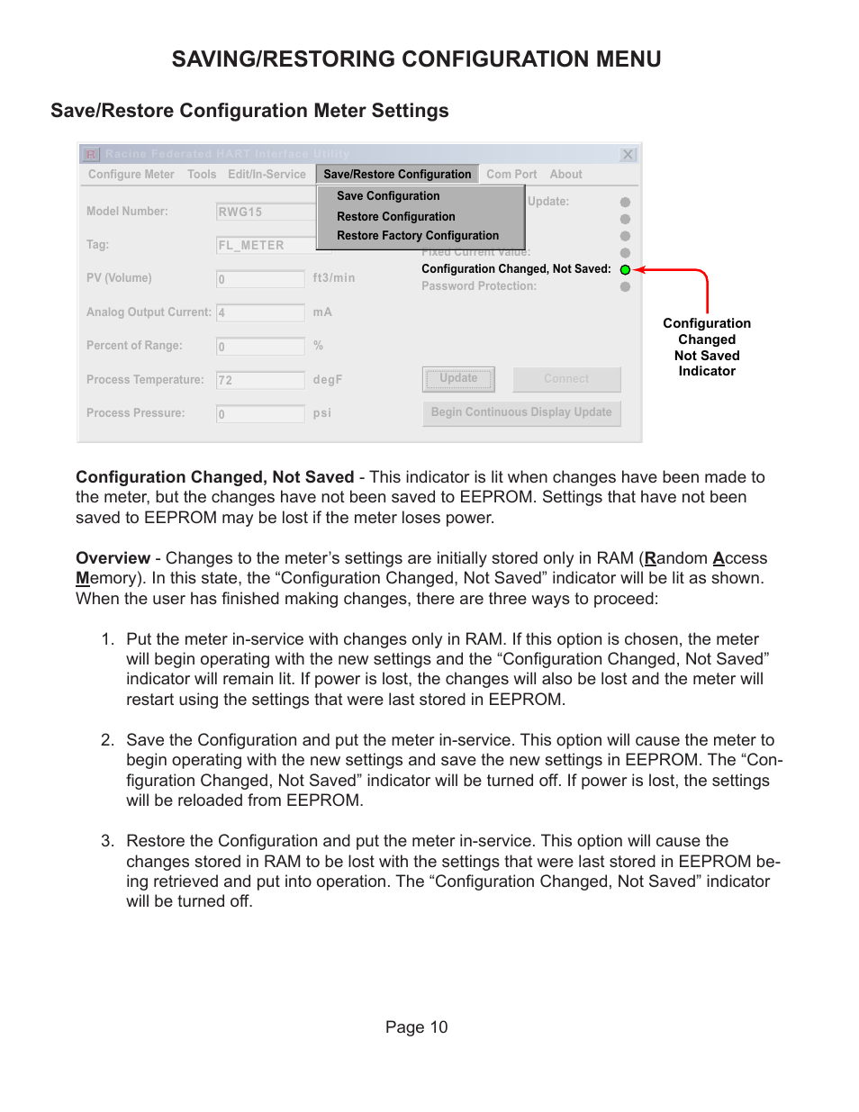 Saving/restoring configuration menu, Save/restore configuration meter settings | Badger Meter Vortex Meters User Manual | Page 12 / 47