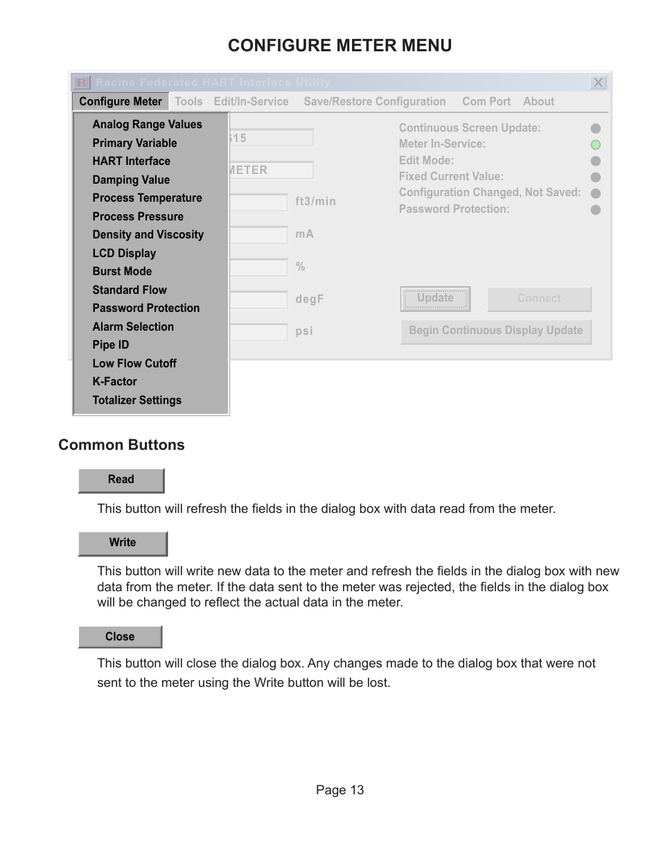 Configure meter menu, Common buttons | Badger Meter Vortex Meters User Manual | Page 15 / 47