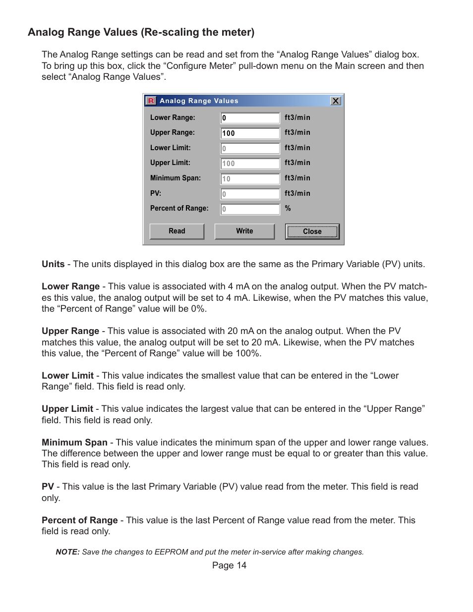 Analog range values (re-scaling the meter) | Badger Meter Vortex Meters User Manual | Page 16 / 47