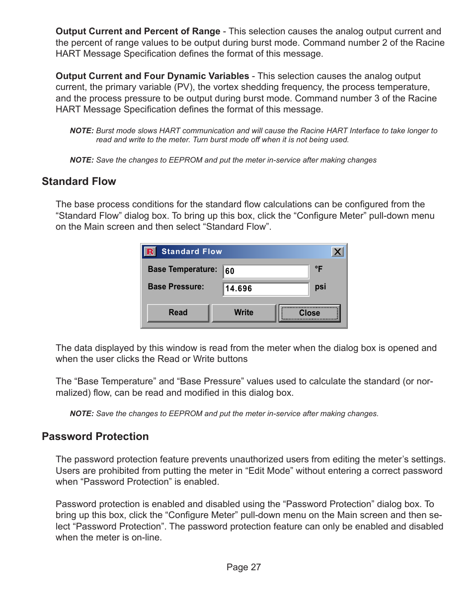 Standard flow, Password protection | Badger Meter Vortex Meters User Manual | Page 29 / 47