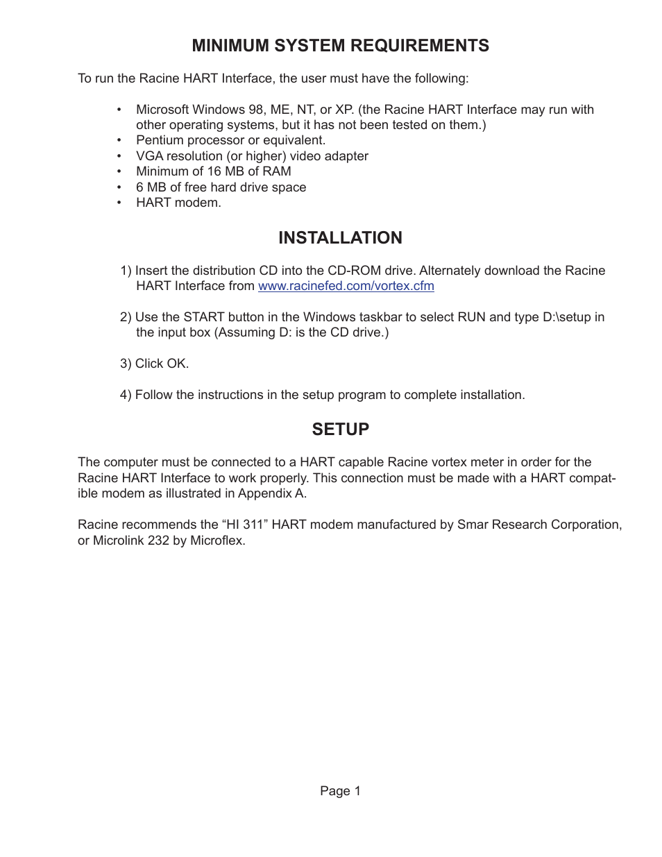Minimum system requirements, Installation, Setup | Badger Meter Vortex Meters User Manual | Page 3 / 47