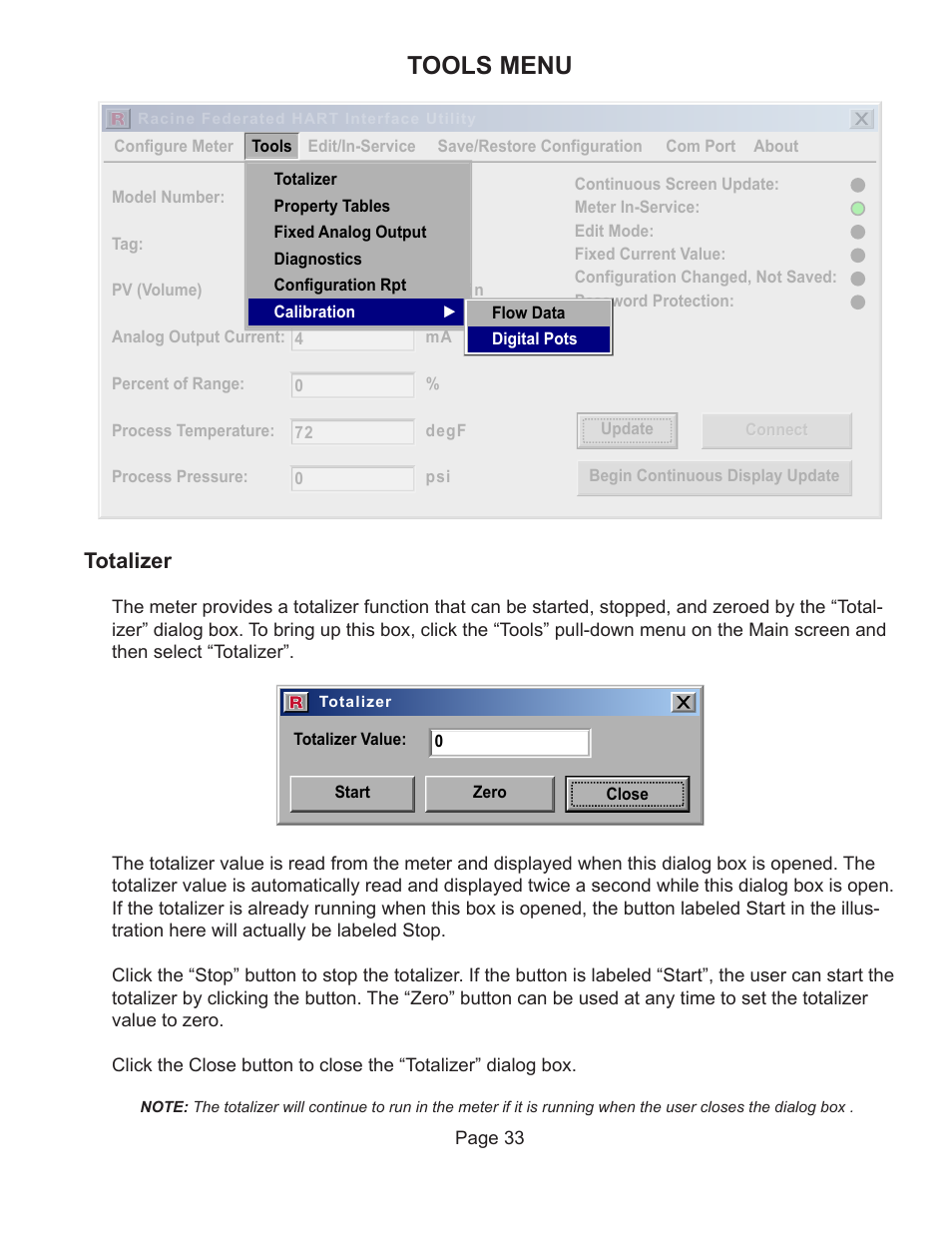 Tools menu, Totalizer | Badger Meter Vortex Meters User Manual | Page 35 / 47