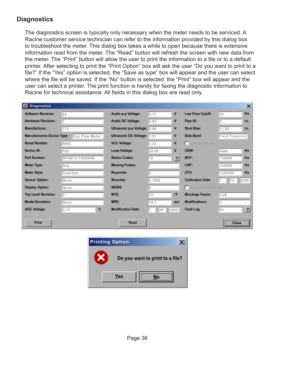 Diagnostics, Page 36, No do you want to print to a file | Badger Meter Vortex Meters User Manual | Page 38 / 47