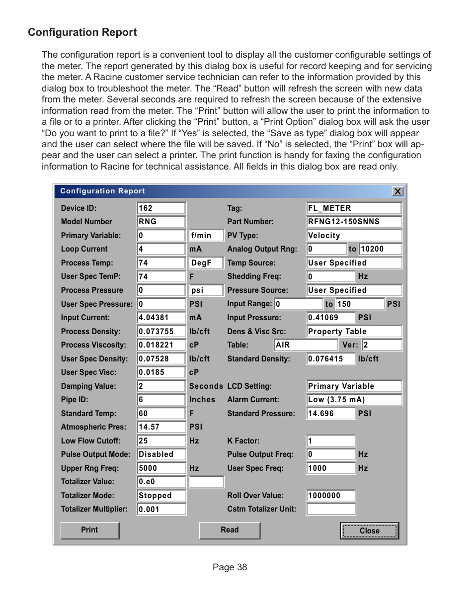 Configuration report | Badger Meter Vortex Meters User Manual | Page 40 / 47
