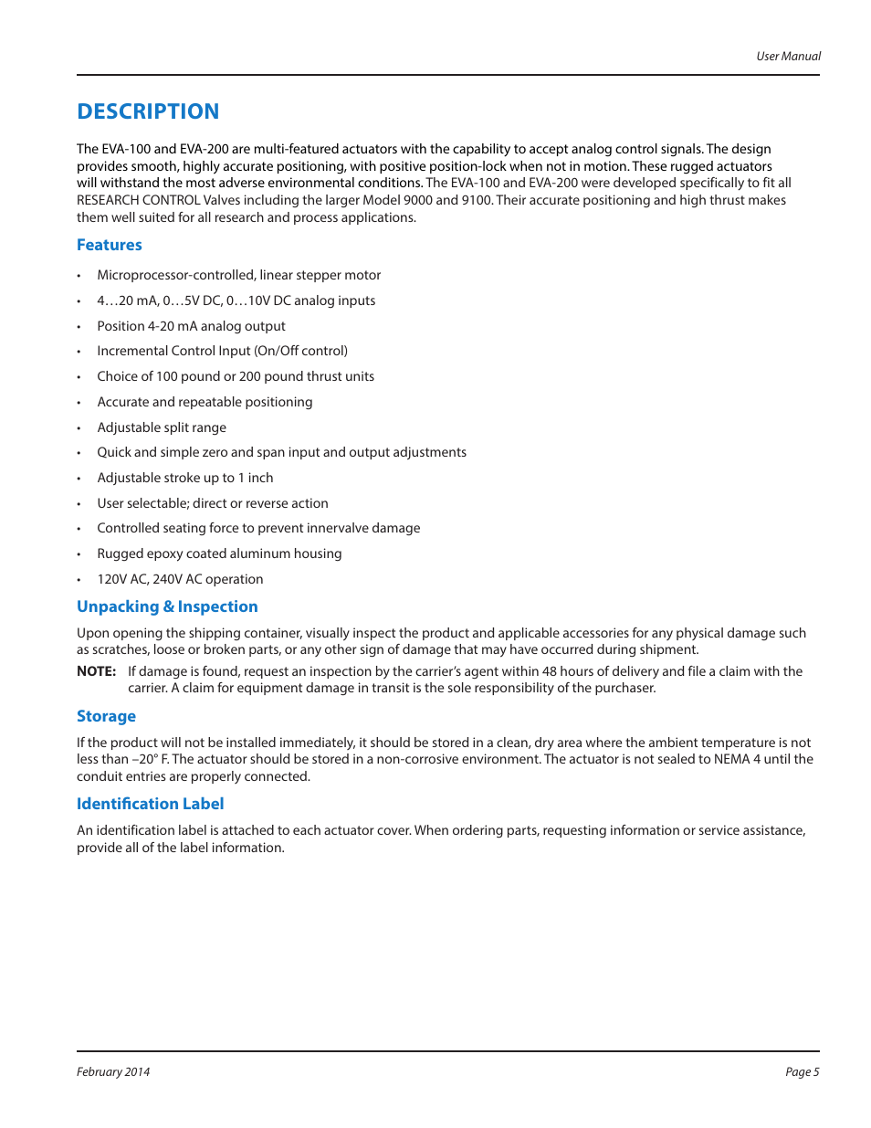 Description, Features, Unpacking & inspection | Storage, Identification label, Description 5 | Badger Meter Research Control Valve User Manual | Page 5 / 12