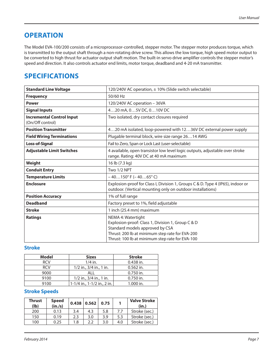 Operation, Specifications, Stroke | Stroke speeds, Operation 7, Specifications 7, Stroke 7 stroke speeds 7 | Badger Meter Research Control Valve User Manual | Page 7 / 12