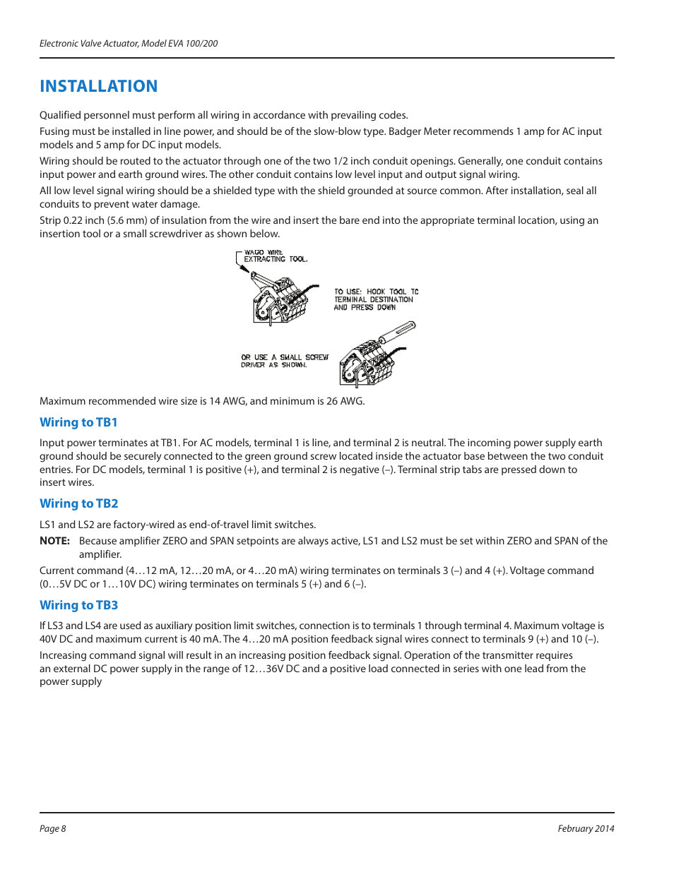 Installation, Wiring to tb1, Wiring to tb2 | Wiring to tb3, Installation 8, Wiring to tb1 8 wiring to tb2 8 wiring to tb3 8 | Badger Meter Research Control Valve User Manual | Page 8 / 12