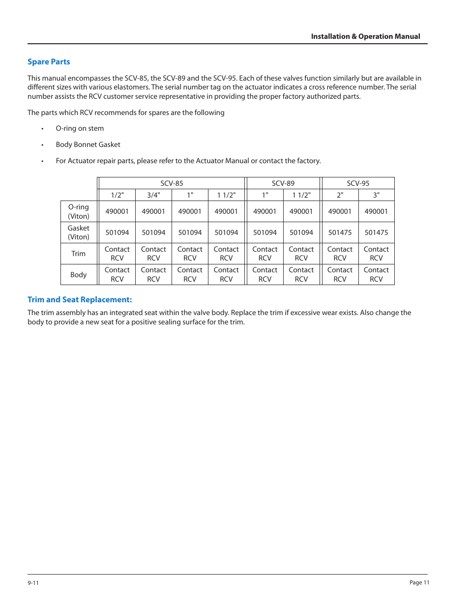 Spare parts, Trim and seat replacement | Badger Meter Sanitary Valve User Manual | Page 11 / 16