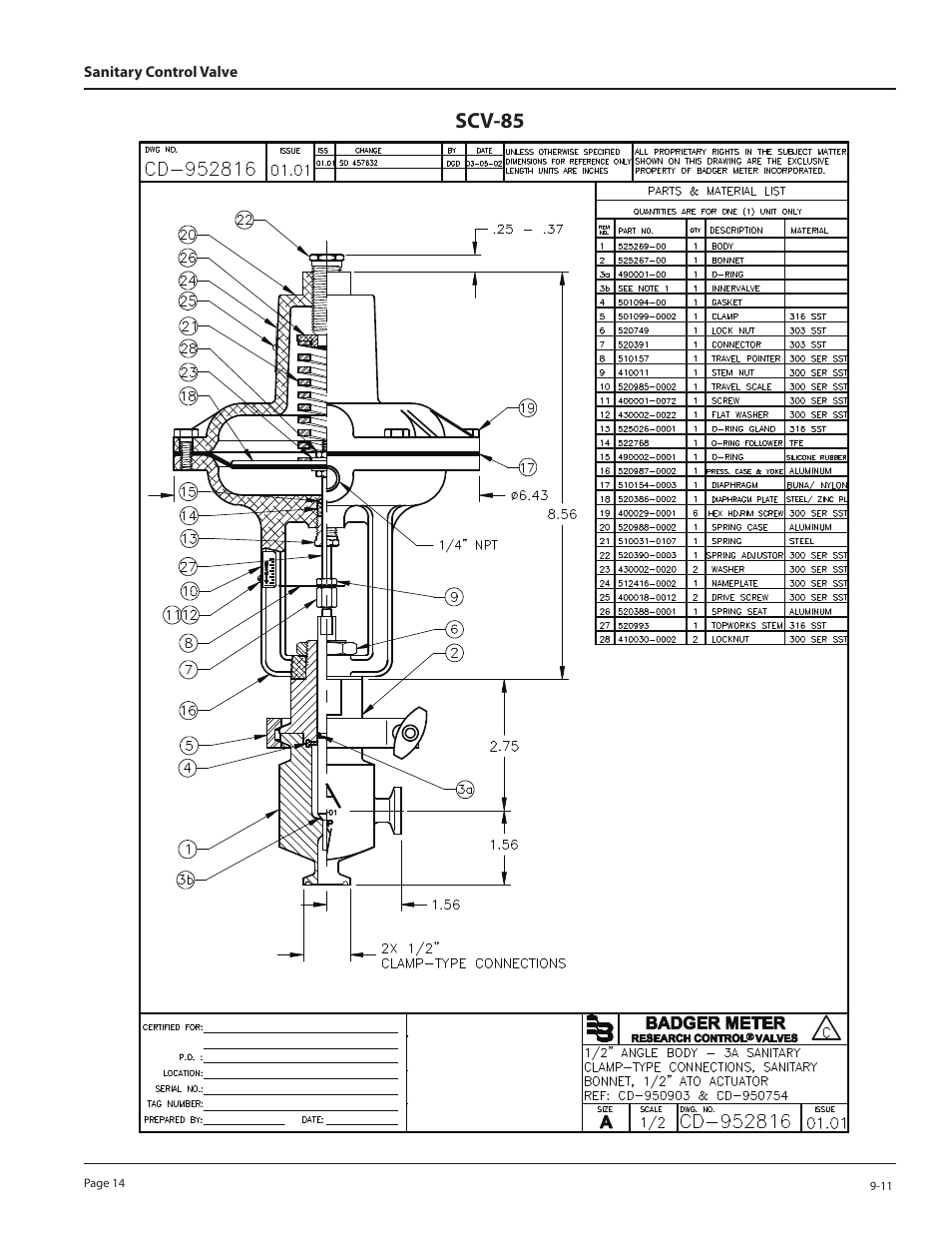 Scv-85 | Badger Meter Sanitary Valve User Manual | Page 14 / 16