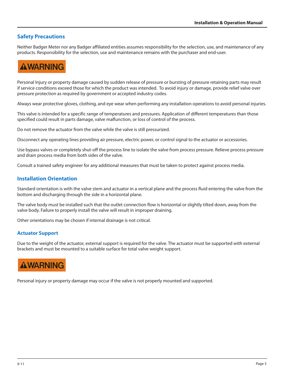 Safety precautions, Installation orientation, Actuator support | Badger Meter Sanitary Valve User Manual | Page 5 / 16