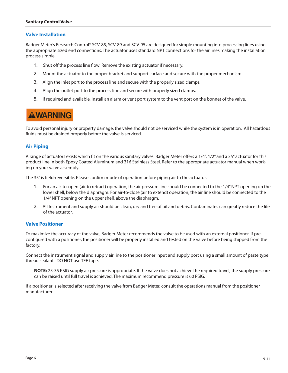 Valve installation, Air piping, Valve positioner | Badger Meter Sanitary Valve User Manual | Page 6 / 16