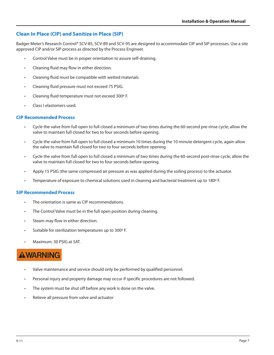 Clean in place (cip) and sanitize in place (sip), Cip recommended process, Sip recommended process | Badger Meter Sanitary Valve User Manual | Page 7 / 16