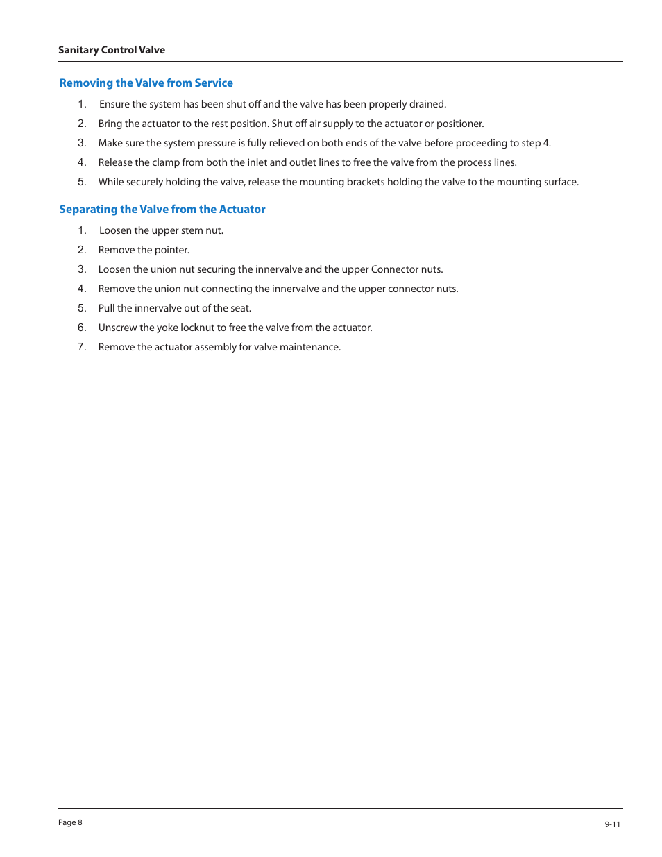 Removing the valve from service, Separating the valve from the actuator | Badger Meter Sanitary Valve User Manual | Page 8 / 16