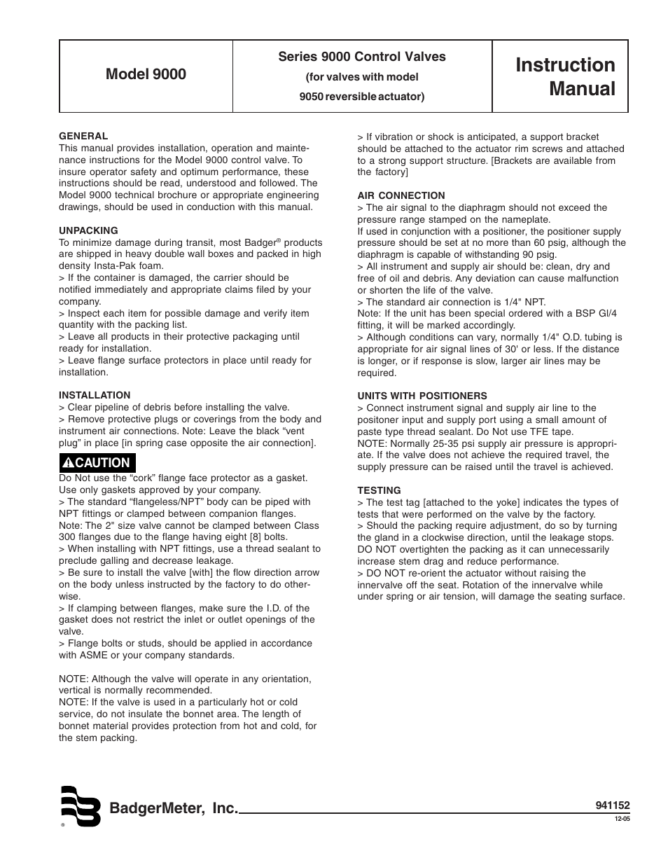 Badger Meter Model 9000 Valve User Manual | 4 pages