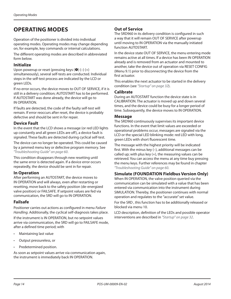 Operating modes, Initialize, Device fault | In operation, Failsafe, Out of service, Calibrate, Message, Simulate (foundation fieldbus version only), Operating modes 14 | Badger Meter SRD/SRI Valve Positioners User Manual | Page 14 / 72