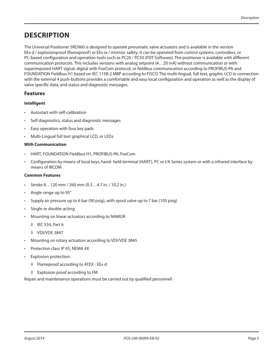 Description, Features, Description 5 | Features 5 | Badger Meter SRD/SRI Valve Positioners User Manual | Page 5 / 72