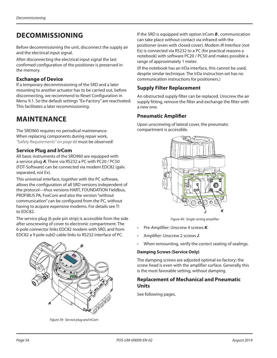 Decommissioning, Exchange of device, Maintenance | Service plug and ircom, Supply filter replacement, Pneumatic amplifier, Replacement of mechanical and pneumatic units, Decommissioning 54, Exchange of device 54, Maintenance 54 | Badger Meter SRD/SRI Valve Positioners User Manual | Page 54 / 72