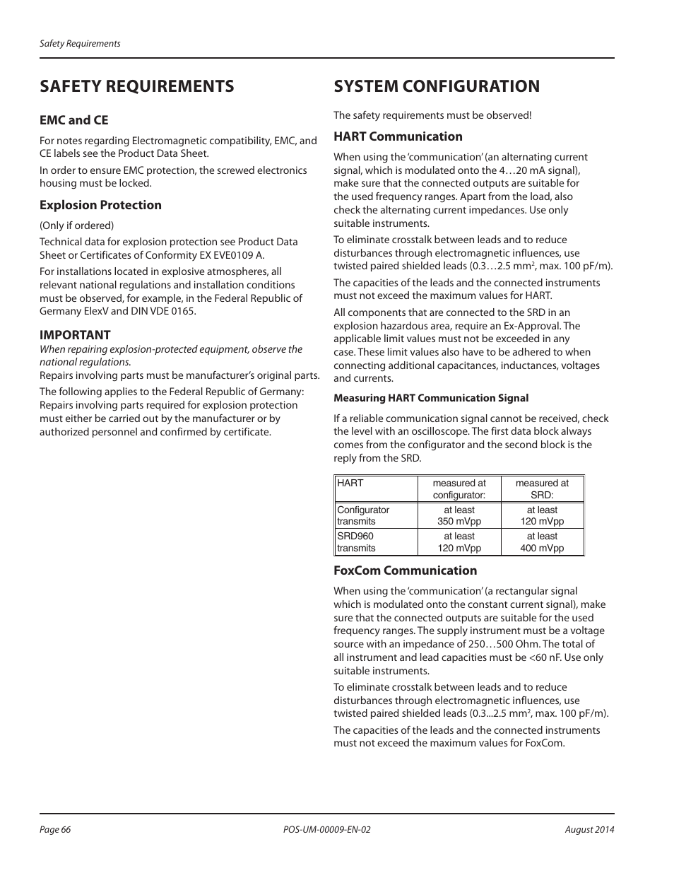 Safety requirements, Emc and ce, Explosion protection | System configuration, Hart communication, Foxcom communication, Safety requirements 66, Emc and ce 66 explosion protection 66, System configuration 66, Hart communication 66 foxcom communication 66 | Badger Meter SRD/SRI Valve Positioners User Manual | Page 66 / 72
