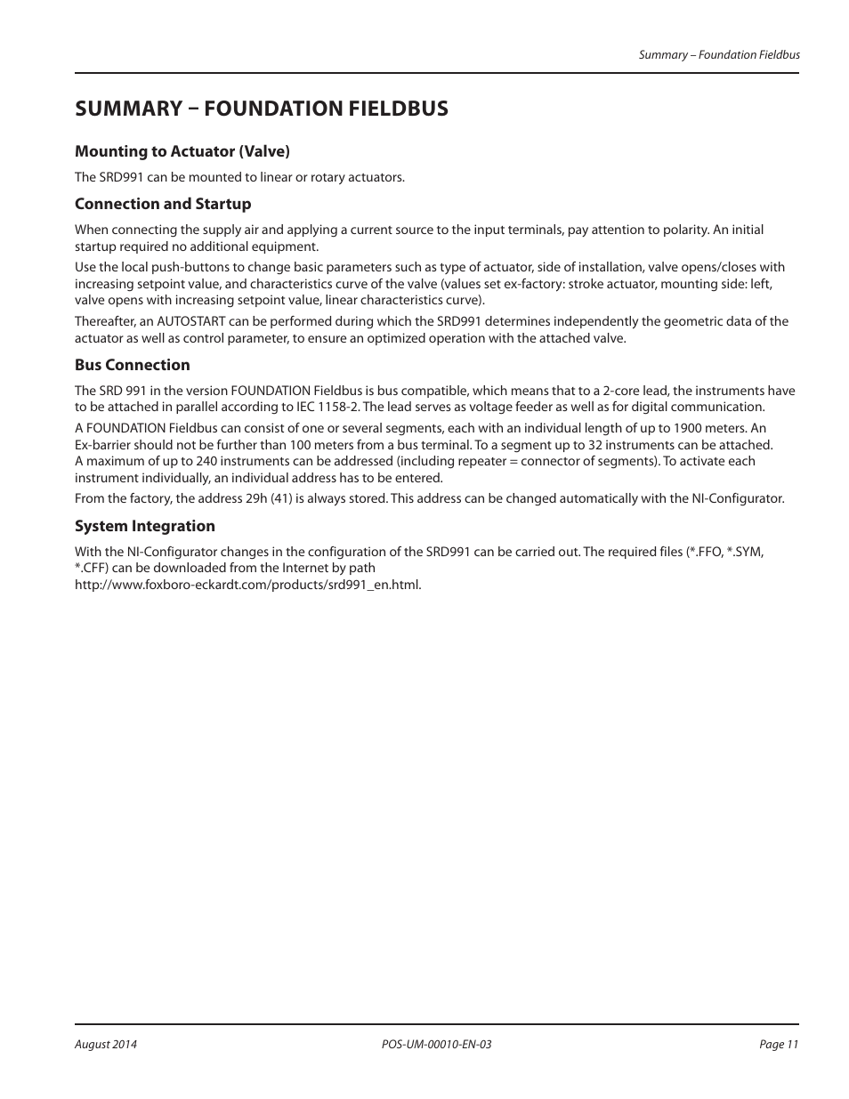 Summary – foundation fieldbus, Connection and startup, Bus connection | System integration, Summary – foundation fieldbus 11 | Badger Meter SRD/SRI Valve Positioners User Manual | Page 11 / 84