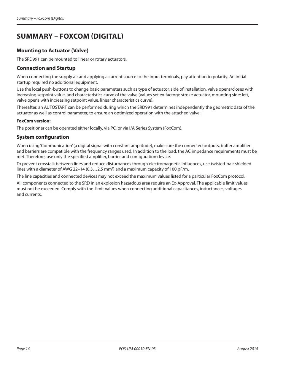 Summary – foxcom (digital), Mounting to actuator (valve), Connection and startup | System configuration, Summary – foxcom (digital) 14 | Badger Meter SRD/SRI Valve Positioners User Manual | Page 14 / 84