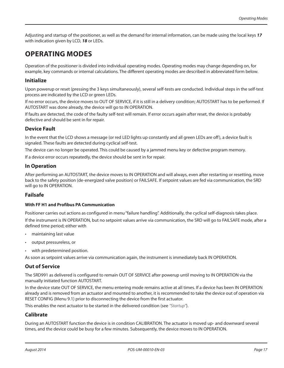 Operating modes, Initialize, Device fault | In operation, Failsafe, Out of service, Operating modes 17, Initialize 17 device fault 17, In operation 17 failsafe 17 out of service 17 | Badger Meter SRD/SRI Valve Positioners User Manual | Page 17 / 84