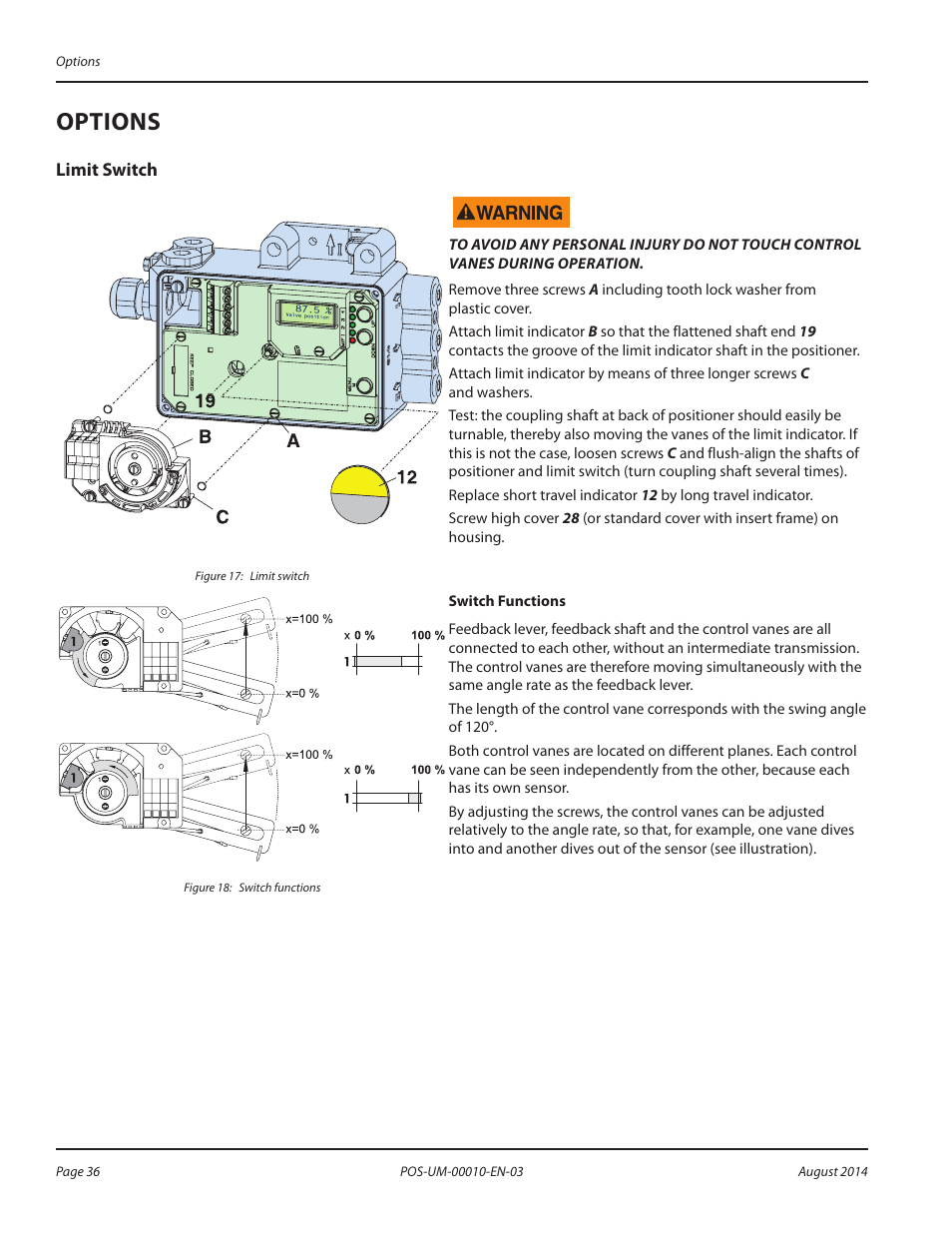 Options, Limit switch, Options 36 | Limit switch 36 | Badger Meter SRD/SRI Valve Positioners User Manual | Page 36 / 84