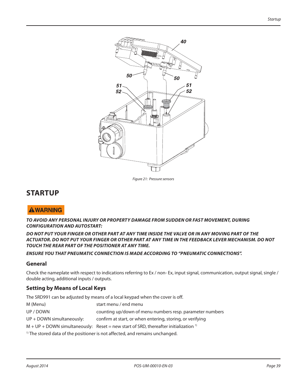 Startup, General, Setting by means of local keys | Startup 39, General 39 setting by means of local keys 39 | Badger Meter SRD/SRI Valve Positioners User Manual | Page 39 / 84