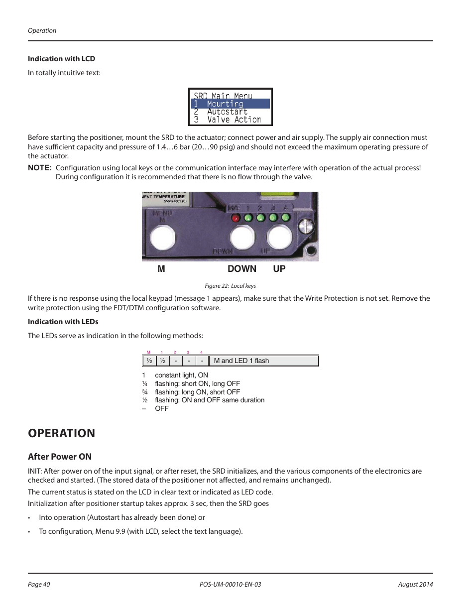 Operation, After power on, Operation 40 | After power on 40, Mdown up | Badger Meter SRD/SRI Valve Positioners User Manual | Page 40 / 84