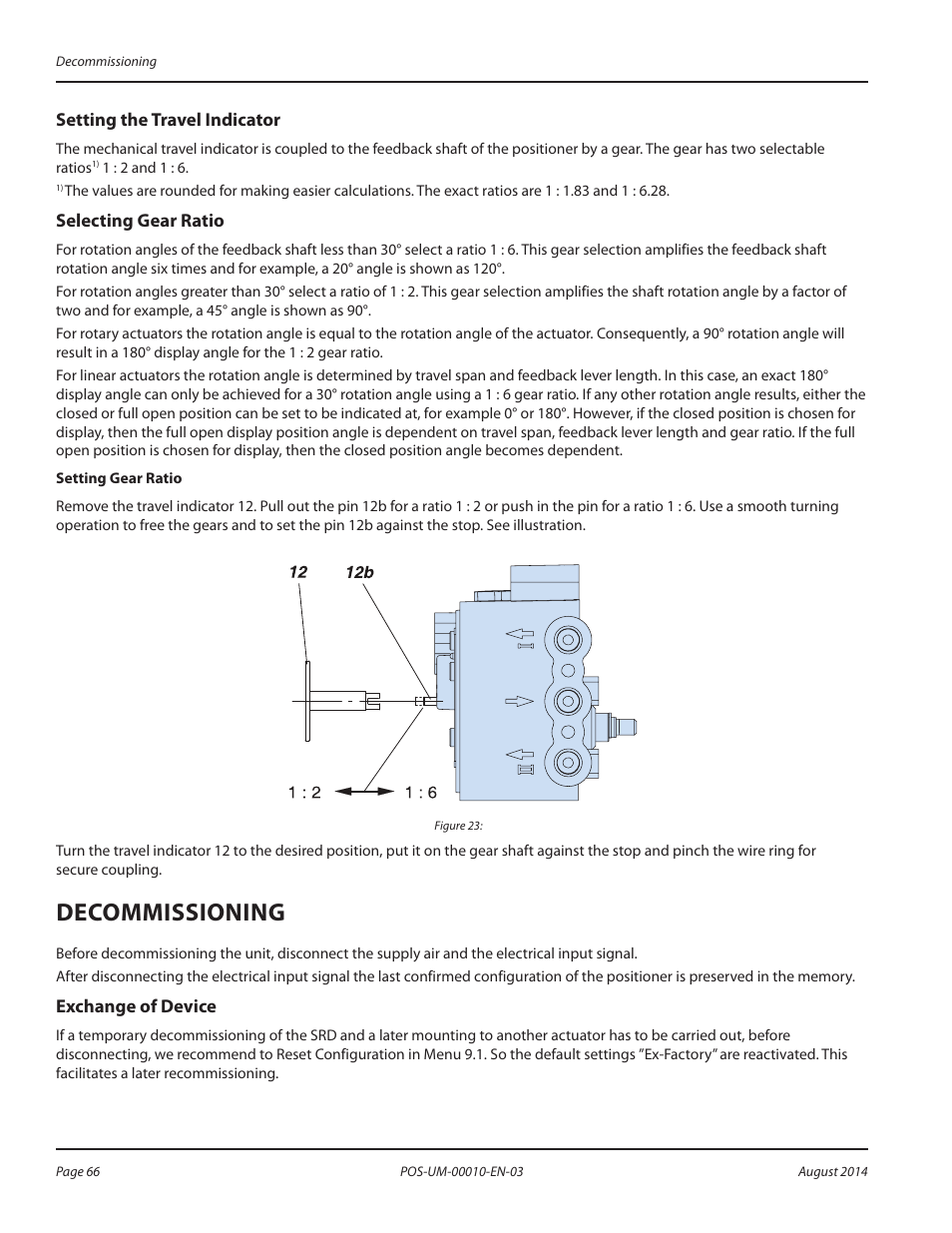 Setting the travel indicator, Selecting gear ratio, Decommissioning | Exchange of device, Decommissioning 66, Exchange of device 66 | Badger Meter SRD/SRI Valve Positioners User Manual | Page 66 / 84
